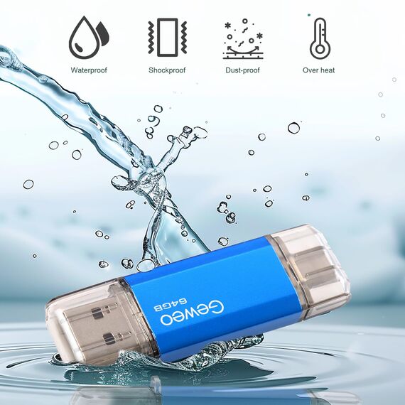 USB Stick 64GB, 2 in 1 OTG Speicherstick 64GB USB 2.0 Pen Drive Memory Stick Type C USB Stick 64gb für Smartphones, Computer, Laptop, ect (Blau)