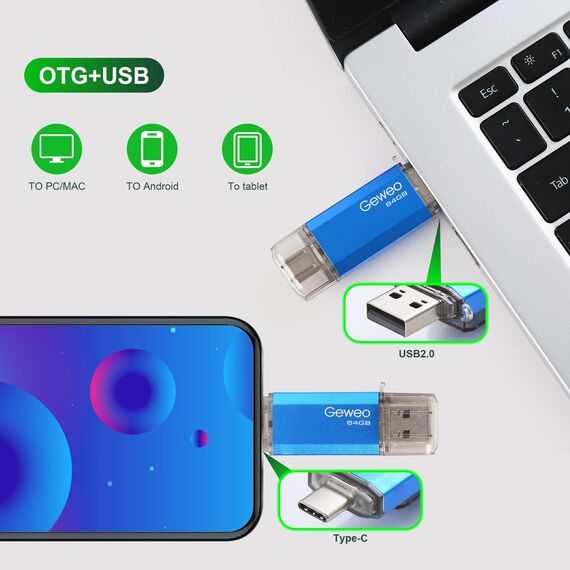 USB Stick 64GB, 2 in 1 OTG Speicherstick 64GB USB 2.0 Pen Drive Memory Stick Type C USB Stick 64gb für Smartphones, Computer, Laptop, ect (Blau)