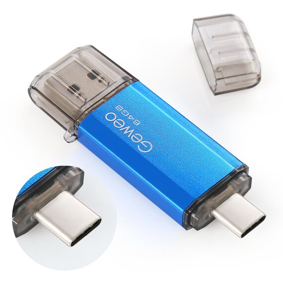 USB Stick 64GB, 2 in 1 OTG Speicherstick 64GB USB 2.0 Pen Drive Memory Stick Type C USB Stick 64gb für Smartphones, Computer, Laptop, ect (Blau)