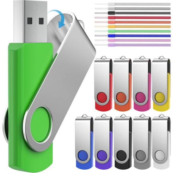 FEBNISCTE 1GB USB Stick 10 Stück, Memory Sticks Einklappbarer, Flash Drive Mehrfarbige Speichersticks, Pendrive mit Schlüsselring- USB 2.0 Flash Laufwerke Datenspeicher mit 10er Handgelenkseile