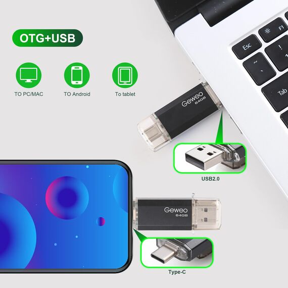 USB Stick 64GB, 2 in 1 OTG Speicherstick 64GB USB 2.0 Pen Drive Memory Stick Type C USB Stick 64gb für Smartphones, Computer, Laptop, ect (Schwarz)