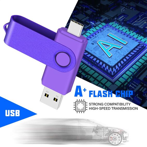 Yaxiny USB C Flash Drive 8GB, OTG Pen Drive, USB 3.0 Speicherstick für Android Smartphone, Typ A+C, Metall Lila