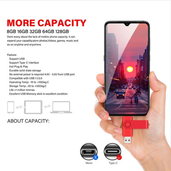 Yaxiny USB C Flash Drive 8GB, OTG Pen Drive, USB 3.0 Speicherstick für Android Smartphone, Typ A+C, Metall Rot