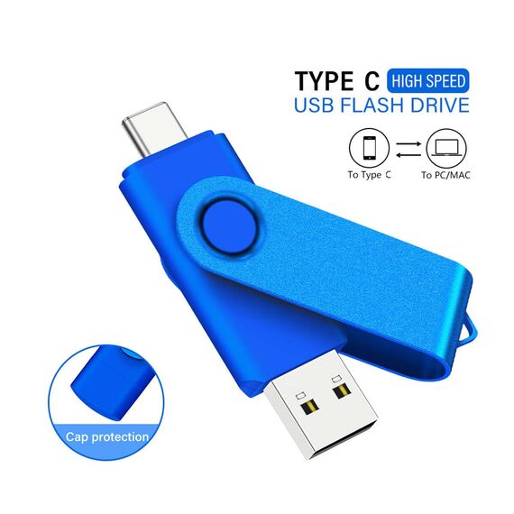 Yaxiny USB C Flash Drive 8GB 1 Stück, OTG USB C Pen Drive, USB 2.0 und USB C Flash Drive, Typ C Speicherstick für USB A+USB C Android Smartphone Metall Blau