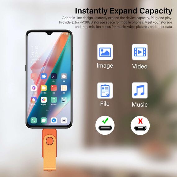 Yaxiny USB C Flash Drive 8GB 1 Stück, OTG USB C Pen Drive, USB 2.0 und USB C Flash Drive, Typ C Speicherstick für USB A+USB C Android Smartphone Metall Orange