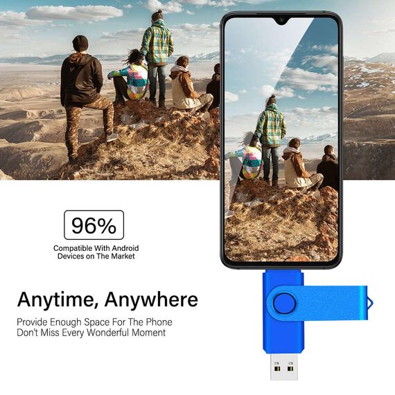 Yaxiny USB C Flash Drive 64GB 1 Stück, OTG USB C Pen Drive, USB 2.0 und USB C Flash Drive, Typ C Speicherstick für USB A+USB C Android Smartphone Metall Blau