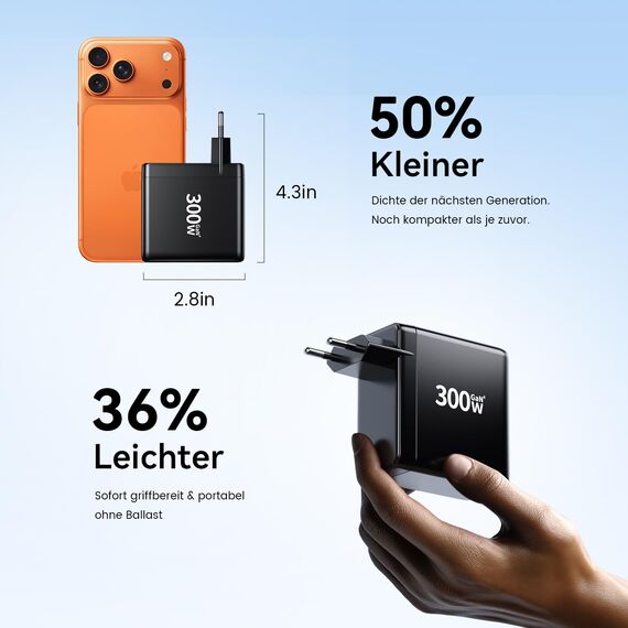 HSSNS 300W USB-C Ladegerät, 6 Port USB Ladegerät Mehrfach Schnellladegerät mit 3 USB-C und 3 USB-A, GaN PD Charger für MacBook iPad Pro/Air, iPhone 17 16 15 Pro Max, Samsung usw.