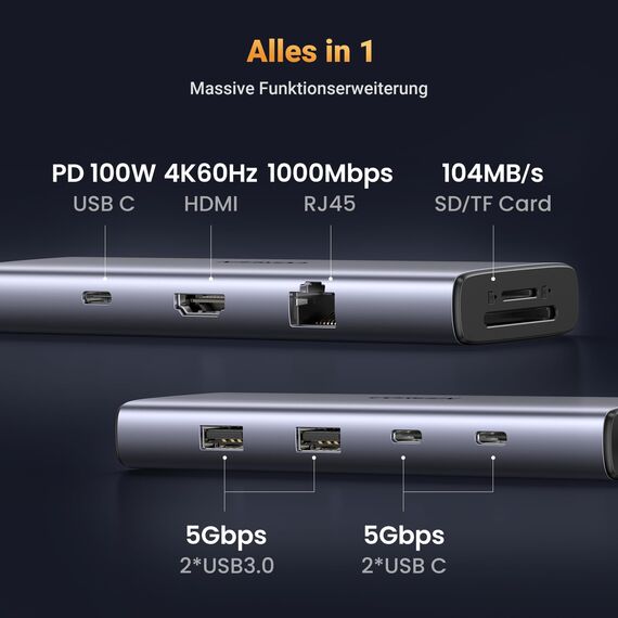 UGREEN USB C Docking Station with 4K 60Hz HDMI, 2 USB C 3.0, USB A 3.0, PD100W, Ethernet，SD/TF compatible with MacBook, iPad, Surface Pro/Go