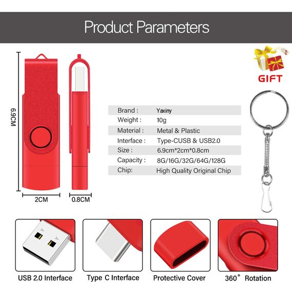 Yaxiny USB C Flash Drive 128GB, OTG Pen Drive, USB 3.0 Speicherstick für Android Smartphone, Typ A+C, Metall Rot