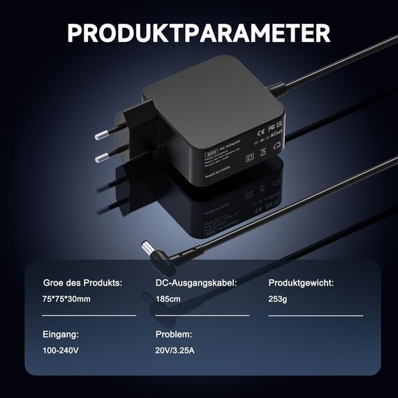 65W Ladekabel Laptop 20V 3.25A Netzteil Kompatibel mit Lenovo Ideapad 3 5 330 330S 320 320S 310 510 710 110 100 100s S145 S340 S540 Flex 4 5 6 ADLX65CCGE2A ADLX65CLGE2A PA-1450-55LU Ladegerät