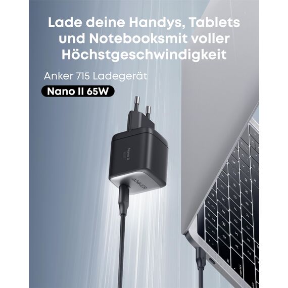 Anker Nano II 65W USB C Ladegerät Netzteil mit Schnellladeleistung, GaN II Technologie, Kompatibel mit MacBook Pro/Air, Galaxy S20/S10, iPhone 17/Pro/iPhone Air/16/15, iPad, Pixel (Schwarz)