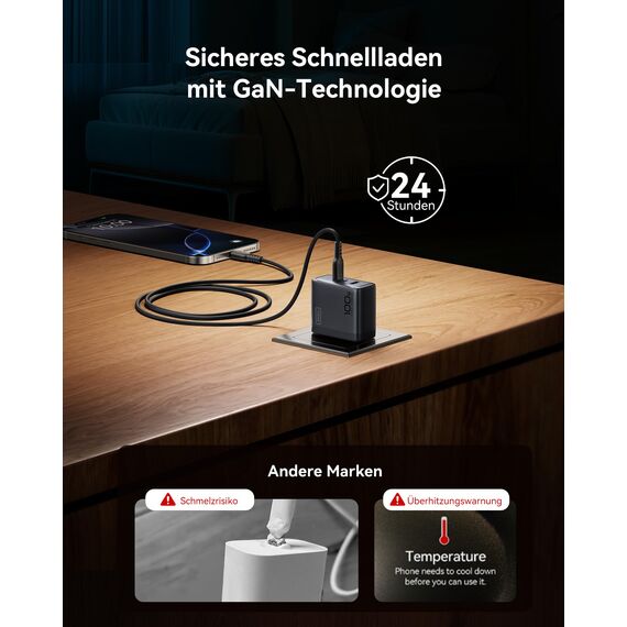 INIU USB C Ladegerät, 100W 3-Port Laptop Schnellladegerät mit USB C Kabel, GaN Mehrfach Netzteil für MacBook Air Pro, iPad, iPhone 17 16 15 Pro Max, Samsung Galaxy S25 S24 Ultra, Pixel, Switch 2 etc