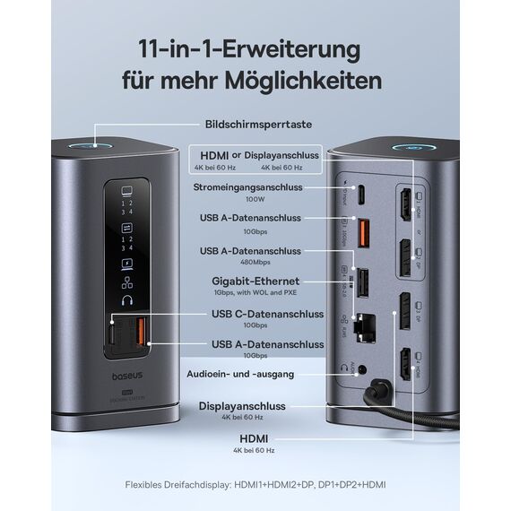 Baseus Docking Station Spacemate-Serie 11-in-1 Dockingstation 3 Monitore mit 2*HDMI 1*DP 4K@60Hz, 3*USB-A/C 10Gbps, 1 Gbps Ethernet, 100W PD, Kompatibel für Laptop Dell/HP/Mac/Lenovo/Acer