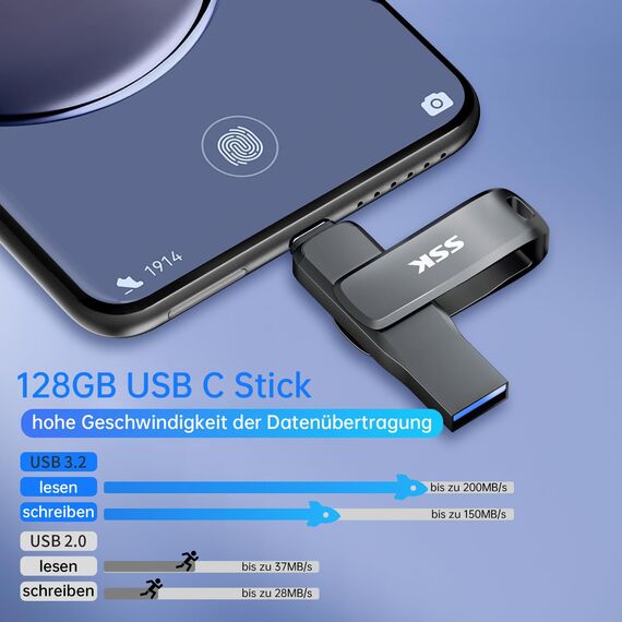SSK USB Stick 3.2 128GB, bis zu 200 MB/S schnell USB Speicherstick, Dual USB Flash Drive a und c, robuster schwarzer Metall Pendrive für Handy, Tablets, MacOS, Computer, Car, TV