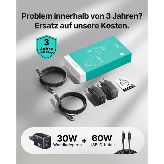 INIU 30W USB C Ladegerät, 2 Stück [USBC + USBA] Schnellladegerät mit Kabel, GaN PD Mehrfach Netzteil, USB C Charger für iPhone 17 16 Pro Max, iPad Pro, MacBook Air, Galaxy S25 S24 Ultra, Google 10 etc