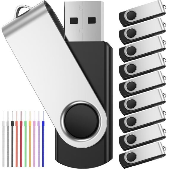 FEBNISCTE 2GB USB Stick 10 Stück Speichersticks - Einklappbarer USB 2.0 Memory Sticks 2 GB USB Flash Laufwerk Datenspeicher - Pendrive Schwarz Flash Drive für Freunde mit 10er Pack Bunt Bändchen