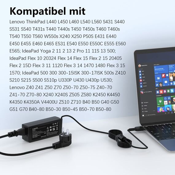 65W Laptop ladekabel Kompatibel für Lenovo Thinkpad T440 T440s T450 T450s T460 T470 X250 X270 G70 G710 IdeaPad Flex 2 3 Yoga 11 11S ADLX65NLC3A ADLX65NCC3A Ladegerät Adapter Charger