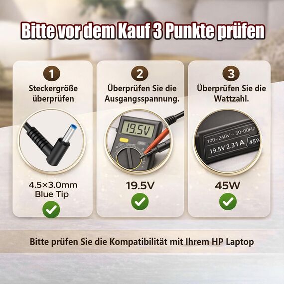 45W Laptop Ladekabel Ladegerät für HP, 19,5V 2,31A Netzteil mit 4,5 x 3,0 mm Blauer Stecker für Pavilion x360, EliteBook 840/850, ProBook 430/440/450, Envy, Spectre, Stream, 741727-001