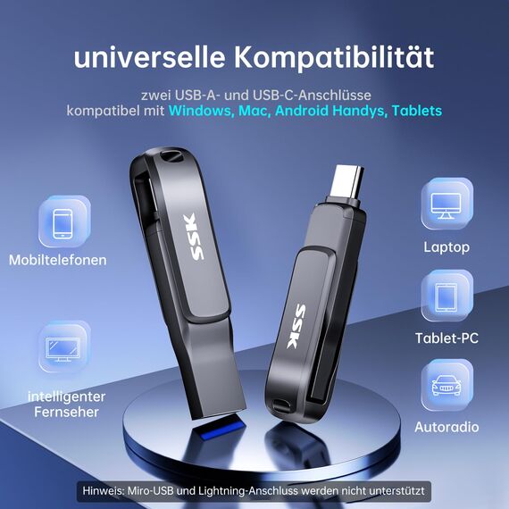 SSK USB Stick 3.2 256GB, bis zu 200 MB/S schnell USB-Speicherstick, Dual Flash Drive USBa und c, robuster schwarzer Metall Pendrive für Handy, Tablets, MacOS, Computer, Car, TV