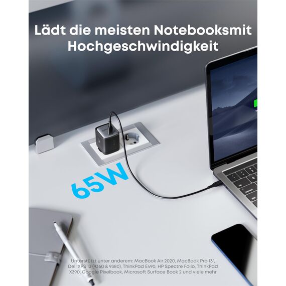 Anker Nano II 65W USB C Ladegerät Netzteil mit Schnellladeleistung, GaN II Technologie, Kompatibel mit MacBook Pro/Air, Galaxy S20/S10, iPhone 17/Pro/iPhone Air/16/15, iPad, Pixel (Schwarz)