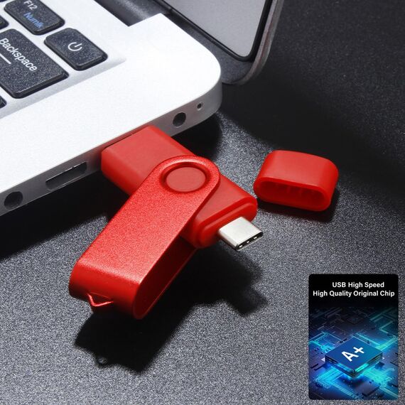 Yaxiny USB C Flash Drive 128GB, OTG Pen Drive, USB 3.0 Speicherstick für Android Smartphone, Typ A+C, Metall Rot