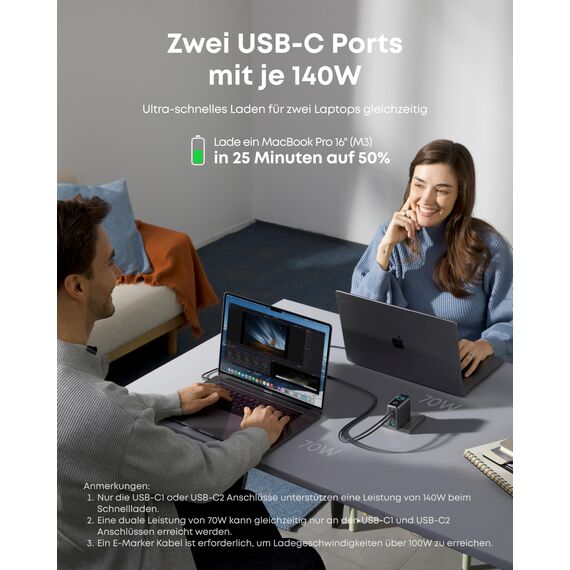 Anker 140W USB C Ladegerät, Laptop Ladegerät, 4-Port Multi-Geräte Schnellladeleistung, Fortschrittliches GaN Netzteil, Touch Control, Kompatibel mit MacBook, iPhone 17/16/15, Samsung, Pixel und mehr