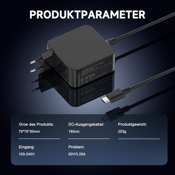 Etssembo 65 W USB C Netzteil Typ C Adapter Laptop Ladegerät für Lenovo ThinkPad, HP, ASUS, Acer, Dell, Huawei Matebook Pro, Xiaomi Air, MacBook Pro, Chrombook und andere Laptop-Typ-C-Ladegeräte