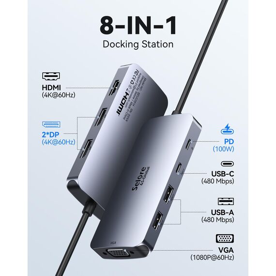 USB C Dockingstation Dual DisplayPort 8 in 1 USB C Dock Multiport Adapter mit 4K HDMI, 2 * 4K DP, 1080P VGA, 2*USB2.0, USB-C Daten, 100W PD 3.0, Laptop Multi Monitore Docking Station für Dell HP