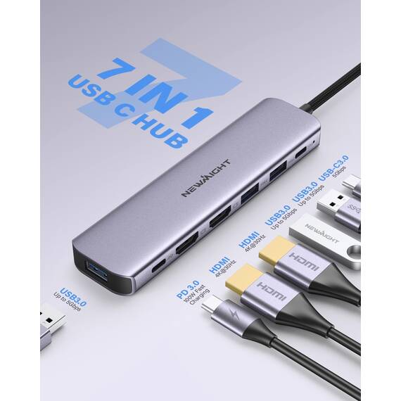 Adapter USB C auf Dual Hdmi, Newmight 7 in 1 USB C Docking Station Dual Monitor mit 2 HDMI, 3 USB3.0, 100 W PD, USB C 3.0 Ports, kompatibel mit Dell, HP, iPhone 15 Serie