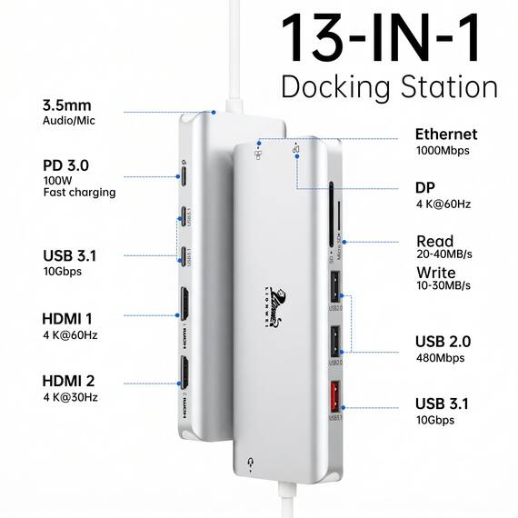 USB C Docking Station Dual Monitor Dockingstation Laptop 13 in 1 USB-C Hub Triple Display mit 2 HDMI, DisplayPort, 5 USBC/A, Ethernet, 100W PD, SD/TF, Audio/Mic für Dell HP Surface, Silber