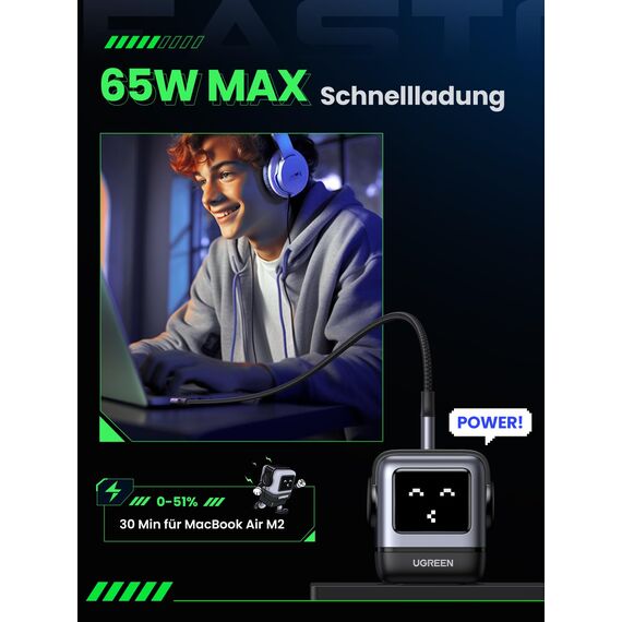 UGREEN UNO USB C Ladegerät, 65W USB C Netzteil 3-Port GaN Schnellladegerät LED Display kompatibel mit MacBook Pro/Air, iPad, iPhone 17 Pro Max, 15 16, Galaxy S25 Ultra, Steam Deck (Schwarz)