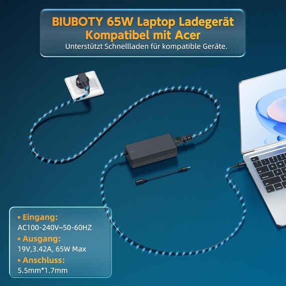 BIUBOTY 65W Laptop Netzteil für Acer Aspire 3 A315-21 A315-31 A315-41 A315-53 Aspire 5 A515-51 A515-52 E5-571 E5-575 ES1-531 TravelMate P253 P256 Extensa 5230 Ladegerät (19V 5.5x1.7mm& 3.0x1.1mm)