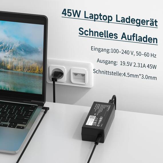Ladegerät HP Laptop Netzteil 45 W 19.5V 2.31A Kompatibel mit HP Stream, Pavilion, Elitebook 830 840 850, Probook 430 440 450, 240 250 Notebook Ladekabel 4.5 * 3.0mm