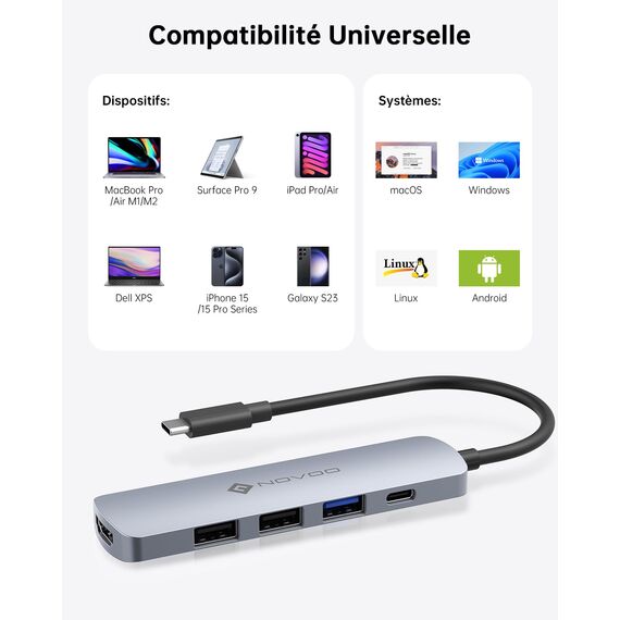 NOVOO 5-in-1 USB-C-Hub, Adapter USB C auf HDMI 4K, Aufladen 100 W PD, USB-C auf USB x 3, USB C Adapter Multiport, kompatibel mit MacBook Air MacBook Pro Chromebook