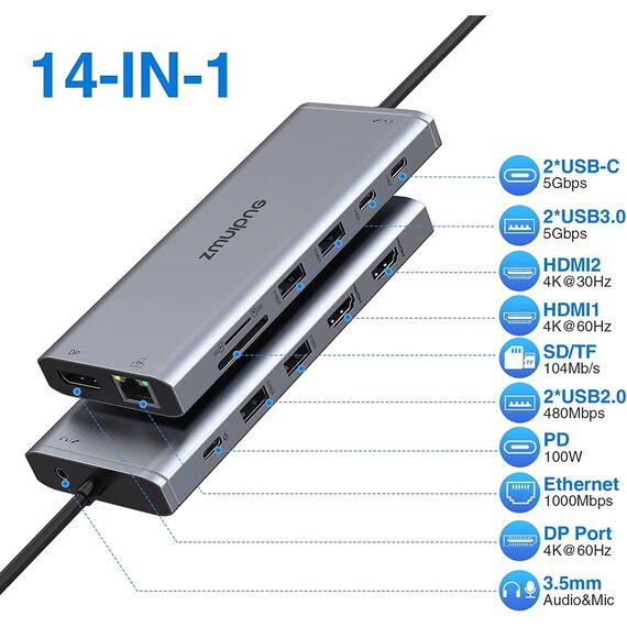 USB C Docking Station Dual Monitor,Triple Display USBC Dock, 14 in 1 Laptop Dockingstation mit 2 * 4K HDMI,DP/Displayport,Ethernet,4*USB,100W PD,USB-C Data,SD/TF,Audio/Mic für Dell HP Lenovo etc