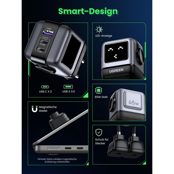 UGREEN UNO USB C Ladegerät, 65W USB C Netzteil 3-Port GaN Schnellladegerät LED Display kompatibel mit MacBook Pro/Air, iPad, iPhone 17 Pro Max, 15 16, Galaxy S25 Ultra, Steam Deck (Schwarz)