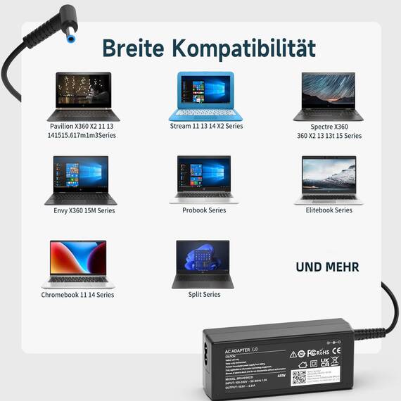 Ladegerät HP Laptop Netzteil 45 W 19.5V 2.31A Kompatibel mit HP Stream, Pavilion, Elitebook 830 840 850, Probook 430 440 450, 240 250 Notebook Ladekabel 4.5 * 3.0mm