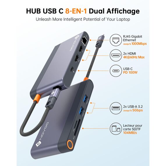 NOVOO Docking Station USB C Hub Dual HDMI 8-in-1 Adapter mit, 2*HDMI, Gigabit Ethernet, PD 100W,2 USB-A Datenübertragungen, SD&TF Kartenleser für MacBook Air/Pro M2, Dell, XPS 15,HP, Lenovo und mehr