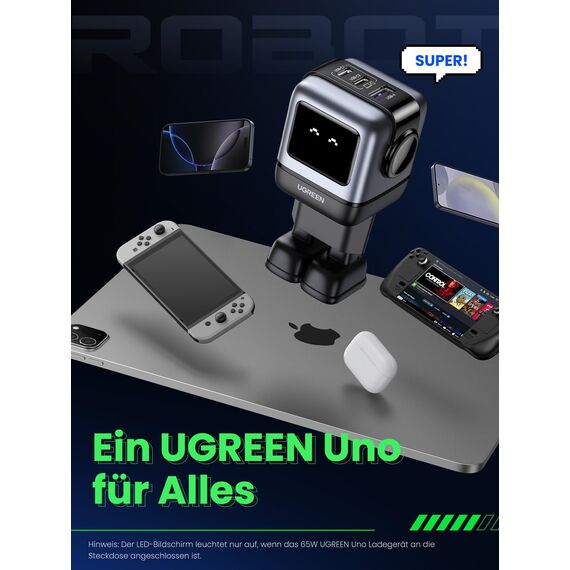 UGREEN UNO USB C Ladegerät, 65W USB C Netzteil 3-Port GaN Schnellladegerät LED Display kompatibel mit MacBook Pro/Air, iPad, iPhone 17 Pro Max, 15 16, Galaxy S25 Ultra, Steam Deck (Schwarz)