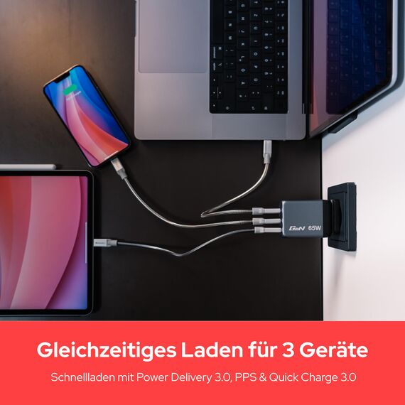 Verbatim GaN Charger 65 W, 3 Ports USB-C Ladegerät, Power Adapter mit 2 x USB-C und 1 x USB-A, Schnellladegerät als Mehrfachstecker, für Apple MacBook, Notebook, iPad, iPhone, Samsung und Co