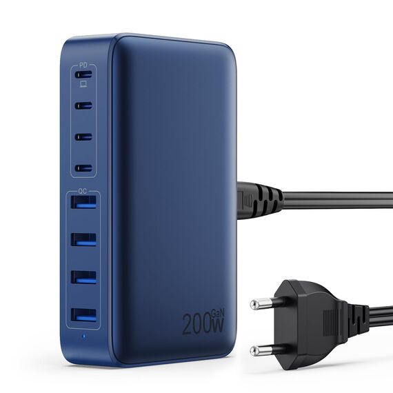 200W USB C Ladegerät, GaN III 8-Port USB Schnellladegerät PPS PD 65W Laptop Ladegerät Adapter USB C Schnellladestation mit USB-A, USB C Netzteil Charger für MacBook, iPhone,SteamDeck,Smartphones-Blau