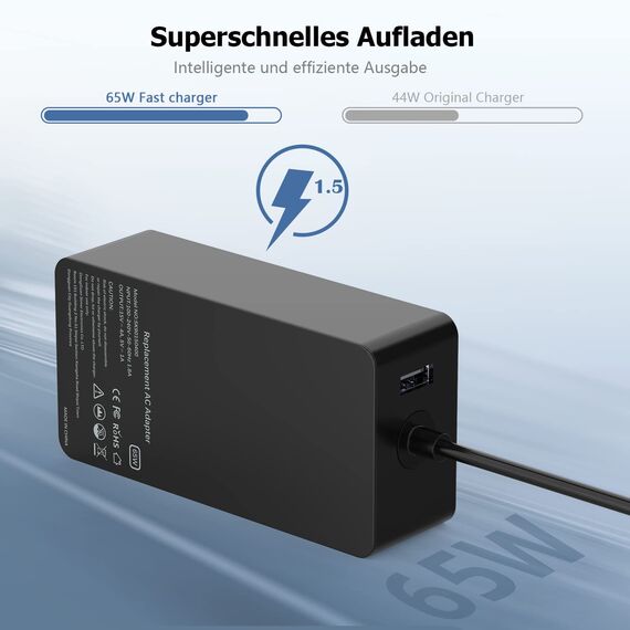 Surface Ladekabel 65W Ladegerät Kompatibel mit Microsoft Surface Pro 11/10/9/8/7/Pro 7+/6/5/4/3/X, Sur-face Laptop 7/6/5/4/3/2, Go 4/3/2, Book 3/2/1 Windows Surface Adapter mit USB-Port
