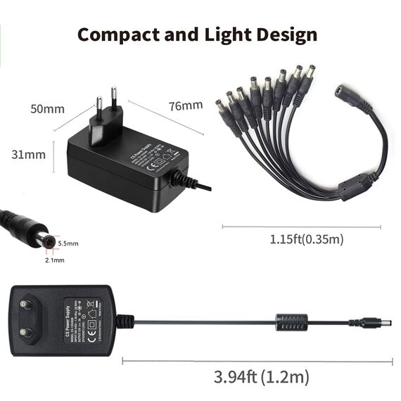 Tonton 12V 3A Netzadapter 2,1mm x 5,5mm Splitter für Überwachungskamera, NVR DVR Recorder, Monitor, WLAN-Router, Laptop - DC Buchse Kabelstecker + 1 auf 8 Y-Splitter Kabel (1 bis 8 Wege)