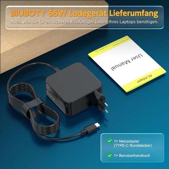 BIUBOTY 65W USB C Netzteil für Asus ZenBook UX325 UX425 VivoBook S13 S14 S15 S433 S533 ExpertBook B9400 B1402 Chromebook C434 C523 HP EliteBook Lenovo ThinkPad Yoga Dell XPS MacBook Air Pro Ladegerät