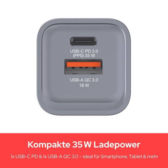 Verbatim GaN Charger 35 W, 2 Ports USB-C Ladegerät, Power Adapter mit USB-C und USB-A, Schnellladegerät als Mehrfachstecker, für Apple iPad, iPhone, Samsung und Co