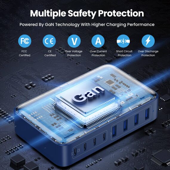 200W USB C Ladegerät, GaN III 8-Port USB Schnellladegerät PPS PD 65W Laptop Ladegerät Adapter USB C Schnellladestation mit USB-A, USB C Netzteil Charger für MacBook, iPhone,SteamDeck,Smartphones-Blau