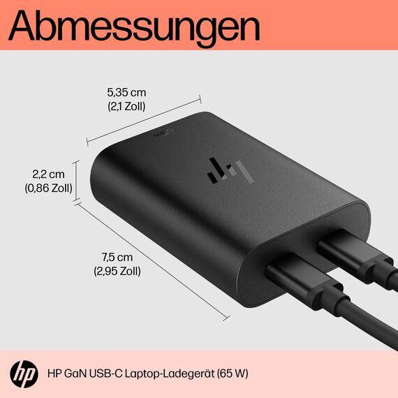 HP 65W GaN USB‑C Laptop Ladegerät – Kompakt, Schnellladefunktion, 2 USB‑C Ports, universelle Kompatibilität, 30 % recycelter Kunststoff, 75×53×22 mm, 85 g, Schwarz