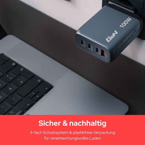Verbatim GaN Charger 100 W, 4 Ports USB-C Ladegerät, Power Adapter mit 3 x USB-C und 1 x USB-A, Schnellladegerät als Mehrfachstecker, für Apple MacBook, Notebook, iPad, iPhone, Samsung und Co