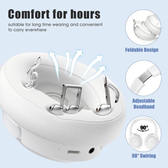 BERIBES Bluetooth Kopfhörer Over Ear, 65 Std Kopfhörer Kabellos Bluetooth mit 6 EQ-Modi, HiFi Stereo, Eingebautes Mikrofon, Faltbares Wireless Headphones für Handys/iPad/Laptops/PC (Weiß)