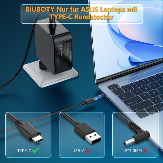 BIUBOTY 65W USB C Netzteil für Asus ZenBook UX325 UX425 VivoBook S13 S14 S15 S433 S533 ExpertBook B9400 B1402 Chromebook C434 C523 HP EliteBook Lenovo ThinkPad Yoga Dell XPS MacBook Air Pro Ladegerät
